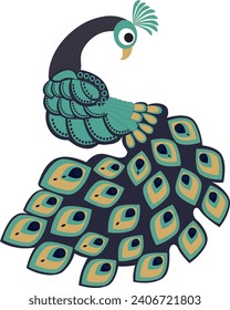 Bonito pavo real ornamental texturado. Pájaro pavo real estilo bordado. Vector ornamentado con ilustración de fondo blanco del exótico pájaro pavo real. 