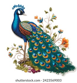Ornamental beautiful textured peacock. Embroidery style colorful  peacock bird, flowers, leaves. Vector ornate floral background with exotic royal peacock bird. Luxury tail. Isolated design on white. svg