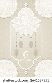 Ornamental Beige Islamic Art Background with Lanterns and Crescent Moon