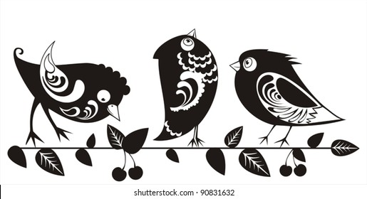 Ornamental birds  on  branch with decorative cherry. Black and white silhouettes. Vector illustration.