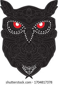 ornamental black owl and red eyes  with Lines . African, indian, totem, tattoo. It may be used for design of a t-shirt, bag, postcard, a poster and so on.