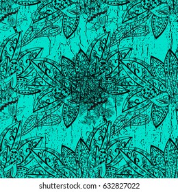 Ornamental black texture curls. Brilliant lace, stylized flowers, paisley. Vector. Ornamental pattern on blue background with black elements. Oriental style arabesques. Openwork delicate black pattern