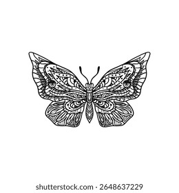 Ornamental black and white butterfly illustration in mandala and tribal style, featuring detailed patterns and symmetrical design. Ideal for tattoos, coloring pages, spiritual artwork, or decorative p