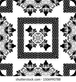 Ornamental black and white floral vector seamless pattern. Geometric abstract background with square lace frames. Abstract repeat decorative backdrop. Vintage flowers, leaves, squares, shapes, lines.