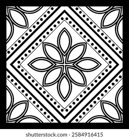 Ornamental Black and White Floral Vector Pattern | Decorative Geometric Tile Design for Luxury Fashion, Home Décor, and Textile Art | Aesthetic Digital Texture with Vintage Elegance and Modern Charm.
