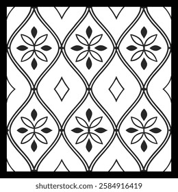 Ornamental Black and White Floral Vector Pattern | Decorative Geometric Tile Design for Luxury Fashion, Home Décor, and Textile Art | Aesthetic Digital Texture with Vintage Elegance and Modern Charm.
