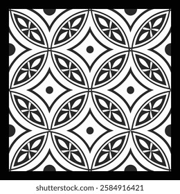 Ornamental Black and White Floral Vector Pattern | Decorative Geometric Tile Design for Luxury Fashion, Home Décor, and Textile Art | Aesthetic Digital Texture with Vintage Elegance and Modern Charm.
