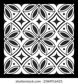 Ornamental Black and White Floral Vector Pattern | Decorative Geometric Tile Design for Luxury Fashion, Home Décor, and Textile Art | Aesthetic Digital Texture with Vintage Elegance and Modern Charm.
