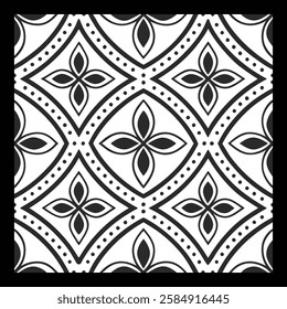 Ornamental Black and White Floral Vector Pattern | Decorative Geometric Tile Design for Luxury Fashion, Home Décor, and Textile Art | Aesthetic Digital Texture with Vintage Elegance and Modern Charm.
