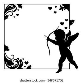 Ornamental black and white frame with Cupid silhouette