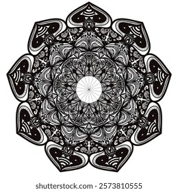 Ornamental black and white mandala design featuring intricate heart and floral patterns. Ideal for decorative art projects, tattoos, meditation visuals, coloring pages, and digital or print designs.