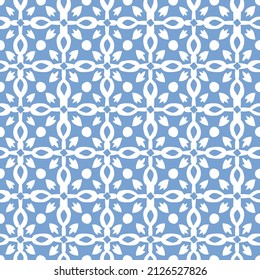 Ornamental blue arabic seamless pattern for Ramadan Kareem greeting cards. Islamic backgrounds, fabric, web banner. Portuguese azulejos tile design. Decorative Moroccan vector illustration tile.