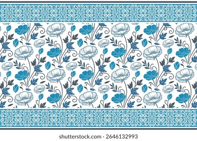 bordure florale bleue ornementale avec éléments à fleurs et feuilles dessinés à la ligne, en répétition harmonieuse pour les marchés textiles

