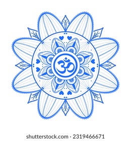 Ornamental blue Flower Aum Om Ohm symbol Mandala art decor, Mandala diwali om for coloring book greeting card tile pattern wallpapers decor and indian henna tattoo background	