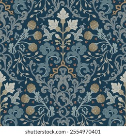 Ornamental blue pattern. Dark seamless background. Floral modern design.