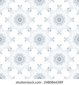 Zierblaue Muster, Schneeflocken auf weißem Hintergrund, Vektorgrafik. Nahtloses Blumenmuster-343.