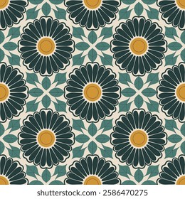 Ornamental Blue and Yellow Floral Tile Seamless Pattern