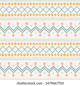 Ornamental boho stripes seamless vector pattern.Pastel design for home decor and fashion textile. Abstract decorative stripes with tribal style elements in yellow, pink and blue on off-white backdrop.