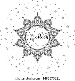Ornamental Boho Style Element: Moon with face, crescent. Vector illustration. Tattoo template. Trendy hand drawn tribal symbol collection. Hippie design element.