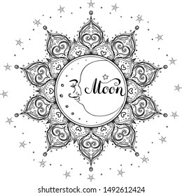 Ornamental Boho Style Element: Moon with face, crescent. Vector illustration. Tattoo template. Trendy hand drawn tribal symbol collection. Hippie design element.