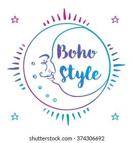 Ornamental Boho Style Element: Moon with face, crescent. Vector illustration. Tattoo template. Trendy hand drawn tribal symbol collection. Hippie design element. Coloring book pages for adults.