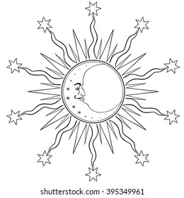 Ornamental Boho Style Element: Moon with face, crescent. Vector illustration. Tattoo template. Trendy hand drawn tribal symbol collection. Hippie design element. Coloring book pages for adults.