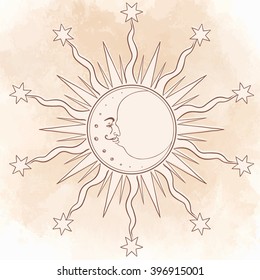 Ornamental Boho Style Element: Moon with face, crescent. Vector illustration. Tattoo template. Trendy hand drawn tribal symbol collection. Hippie design element. Coloring book pages for adults.