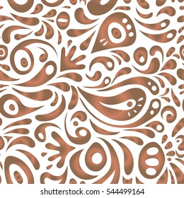 Ornamental border in brown and orange colors on a white background. Vector seamless damask pattern, classic wallpaper, background.