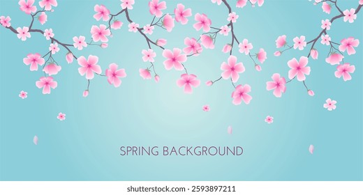 Ornamental border featuring sakura flowers. Floral art design suitable for greeting cards, banners, weddings. Editable vector illustration on blue background