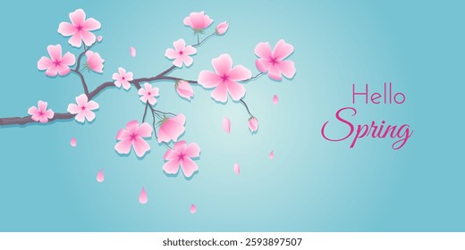 Ornamental border featuring sakura flowers. Floral art design suitable for greeting cards, banners, weddings. Editable vector illustration on blue background