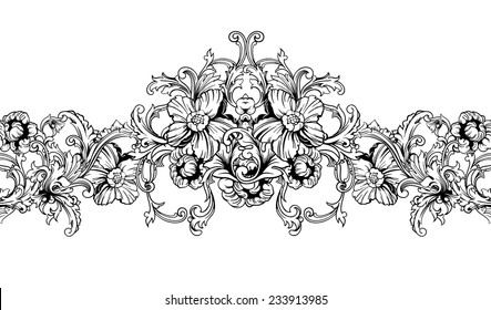 Ornamental border, frame. Baroque pattern. Vector seamless