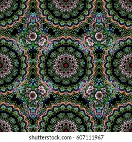 Ornamental border on black background. Vector seamless damask pattern, classic wallpaper, background.