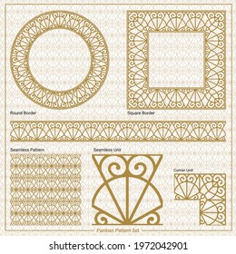 Ornamental border, square frame, circle frame and a seamless Classic pattern, inspired by the metal works of the Eiffel tower in Paris, France (Vector Gold pattern with seamless  design elements)