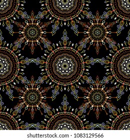 Ornamental border. Vector seamless pattern. Seamless damask pattern, classic wallpaper, orange, green and brown on a black background.