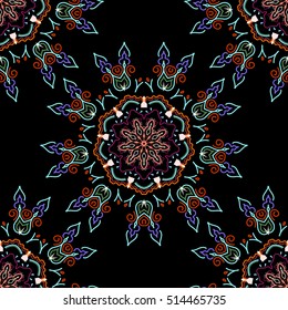 Ornamental border. Vector seamless pattern. Seamless damask pattern, classic wallpaper, orange, neutral and purple on a black background.