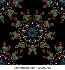 Ornamental border in yellow, green and blue colors on a black background. Vector seamless damask pattern, classic wallpaper, background.