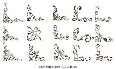 Ornamental borders and flourish corners, royal ornament swirls and vector vintage page dividers. Classical decoration elements illustration