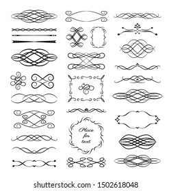 Ornamental borders and flourish corners, royal ornament swirls and vector vintage page dividers. Classical decoration elements illustration.