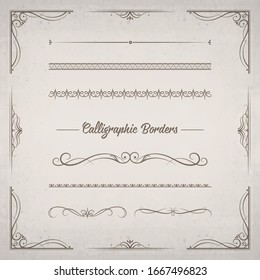 Ornamental borders and flourish corners, royal ornament swirls and vector vintage page dividers. 