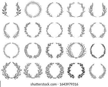 Ornamental branch wreathes. Laurel leafs wreath, olive branches and round floral ornament frames vector set. Bundle of victory or triumph symbols, natural decorative design elements with bay foliage. svg