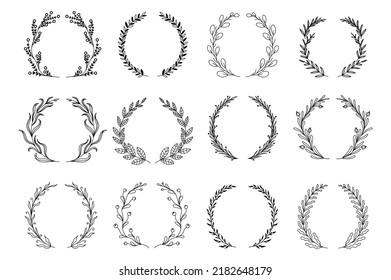 Wreathes de rama ornamental en diseño dibujado a mano. Las hojas de laurel son de corona y un paquete de ramas decorativas. Diferentes tipos de hierbas, ramas y plantas riegan elementos vigiliares. Decoración vectorial floral