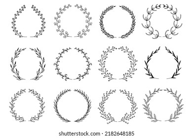 Ornamental branch wreathes set in hand drawn design. Laurel leaves wreath and decorative branch bundle. Botanical outline decor of herbs, twigs, sprigs and plants elements. Vector floral decoration
