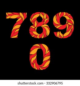 Ornamental bright figures, red numbers decorated with herbal pattern isolated.