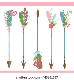 Ornamental bright floral arrows. Vector illustration. Design element in trendy flat style isolated on white background