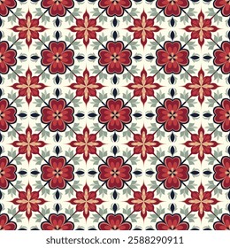 Ornamental Burgundy and White Floral Tile Seamless Pattern with Decorative Accents