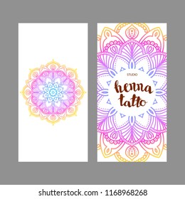 Ornamental business cards, oriental pattern. Multicolor mandala geometric round ornament,circular abstract pattern. Hand drawn decorative vector design element