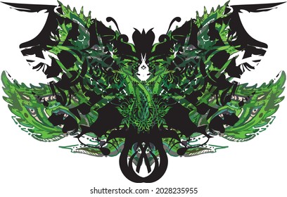 Ornamental butterfly wings in black and green tones on white. Ecological concept of butterfly in the form of nettle leaves for backgrounds and textures, prints and textiles, wallpaper, postcards, etc.