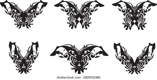 Ornamental butterfly wings tattoo set. Black on White. Butterfly silhouettes for holidays and events, logos, decoration, emblems, embroidery, cards, prints on T-shirts, textiles, wallpaper, etc.