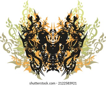 Ornamental butterfly wings with twirled floral elements on white. Butterfly with an unusual pattern and colored bursts in black-green-orange tonality for wallpaper, fashion, fabric, poster, card, etc.