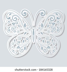 ornamental calligraphic butterfly in paper cut out  style with white border stroke. isolated on gray background. vector illustration. 